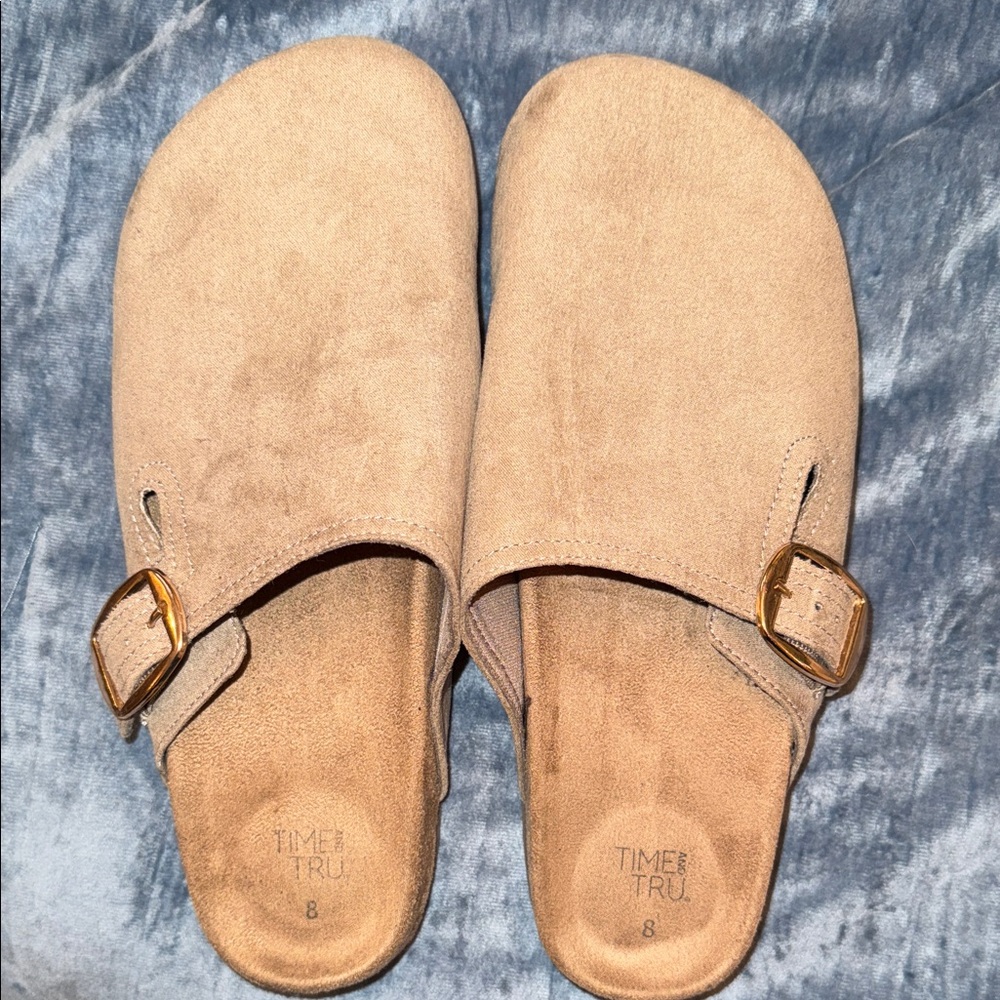 Time and Tru Beige Suede Slip-On Mules with Gold Buckle
